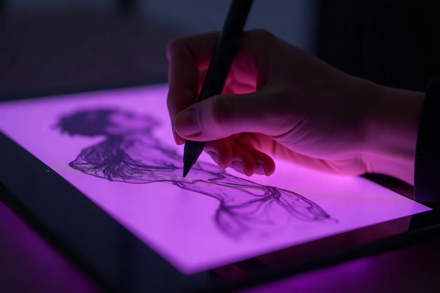 A stylus resting on a glowing tablet screen showing a loose violet figure study in progress