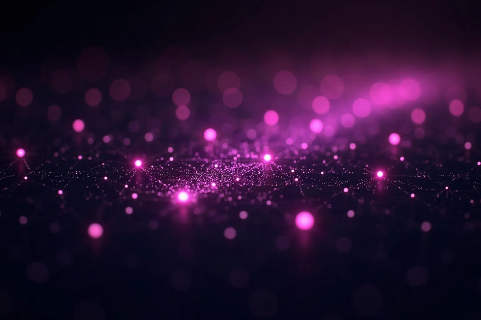 An abstract constellation of glowing violet nodes joined by fine threads, dense at the centre and thinning towards the edges