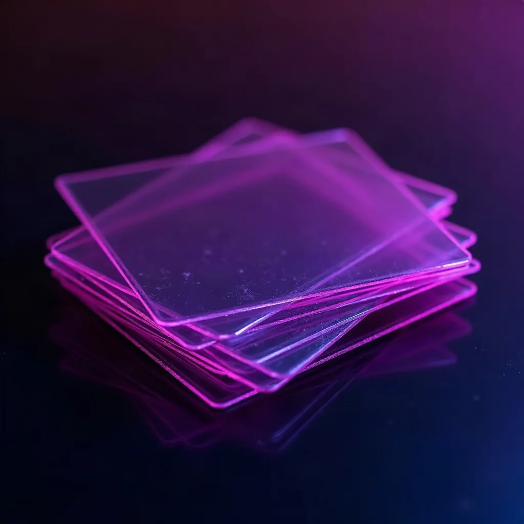 A fanned stack of translucent violet access cards on a dark reflective surface, the top card brightest, representing tiers of free access to NSFW AI chat