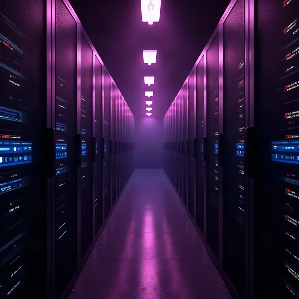 A row of server racks in a dark, cold machine room lit by violet status lights