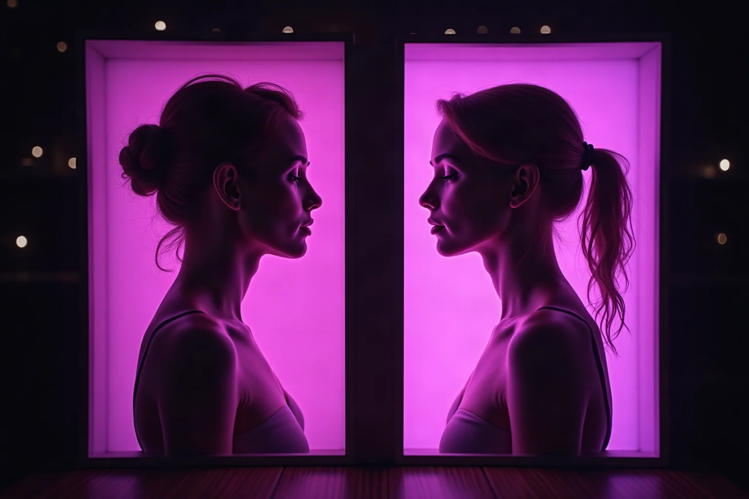 Two tall glowing panels side by side, the left showing a coarse noisy half-resolved portrait and the right the same shape rendered crisply