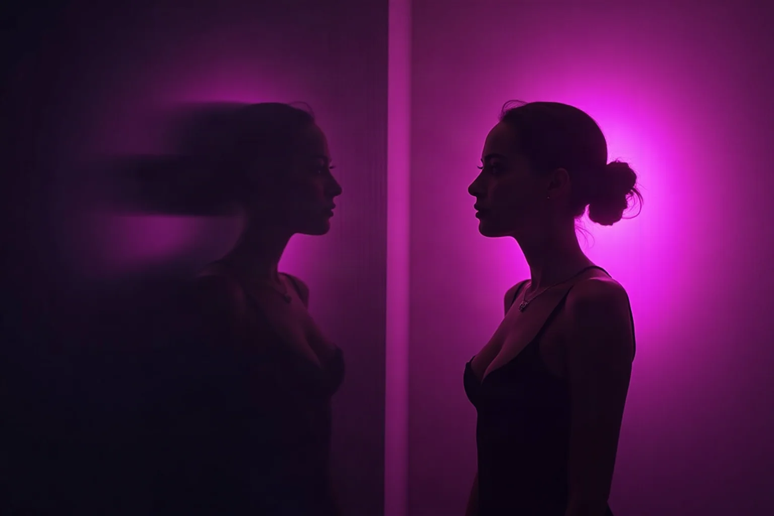 A violet-lit silhouette turning her head, rendered as eight ghosted afterimages fanning out into a motion trail