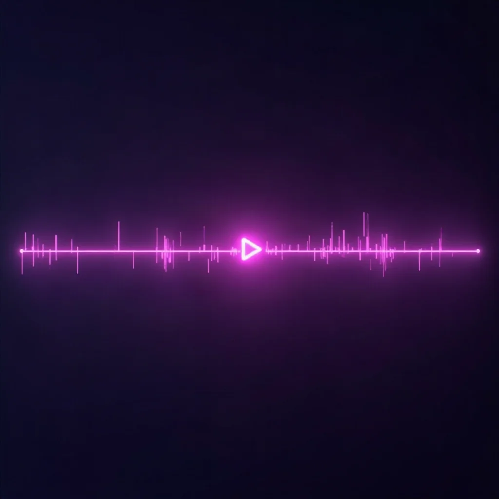 An abstract timeline strip of glowing violet frame tiles with a brighter playhead marker above one tile